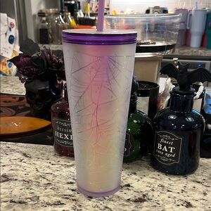 Starbucks Halloween Purple and White Tumbler with Straw with spiderweb details